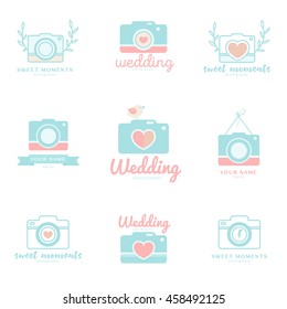 Set of cute and creative wedding photo logo templates. Love story photographer logotype collection. Mint and pink flat icons. 