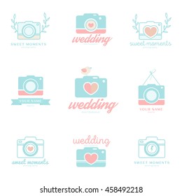 Set of cute and creative wedding photo logo templates. Love story photographer logotype collection. Mint and pink flat icons. 