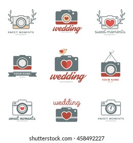 Set of cute and creative wedding photo studio logo templates. Love story photographer logotype, vector emblem collection. Flat icons. 