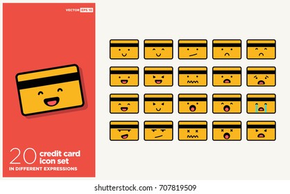 Set of Cute Credit Card Emoji Line Icons In Different Expressions