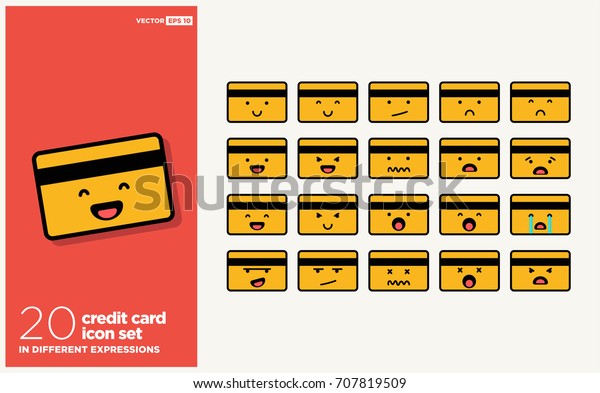 さまざまな表現のかわいいクレジットカード絵文字の行アイコンセット のベクター画像素材 ロイヤリティフリー