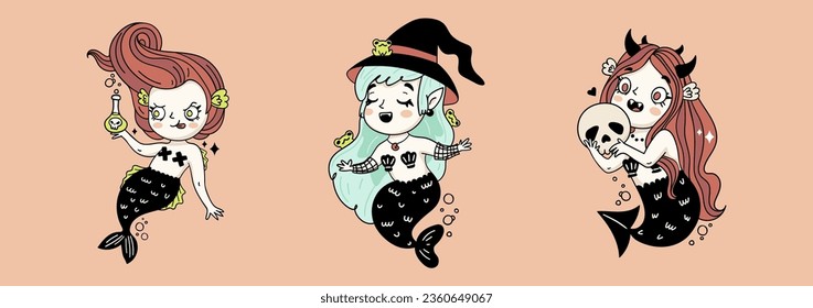 Set of cute and creepy mermaid cartoon characters, illustration for Halloween