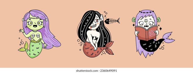 Set süße und graue mermaid Cartoon-Figuren, Illustration zu Halloween