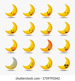 Set of cute crescent with emoticons