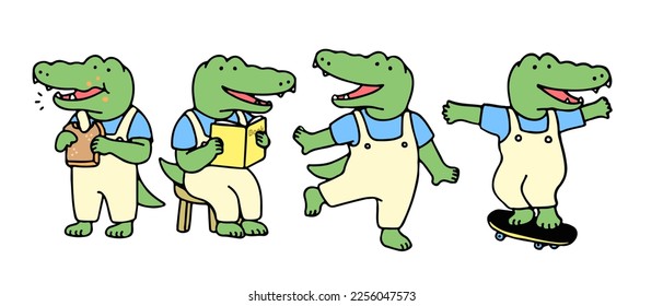 Set of cute crocodile cartoon character, back to school concept. isolated on white background, vector illustration.