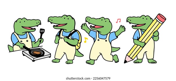 Set of cute crocodile cartoon character, back to school concept. isolated on white background, vector illustration.