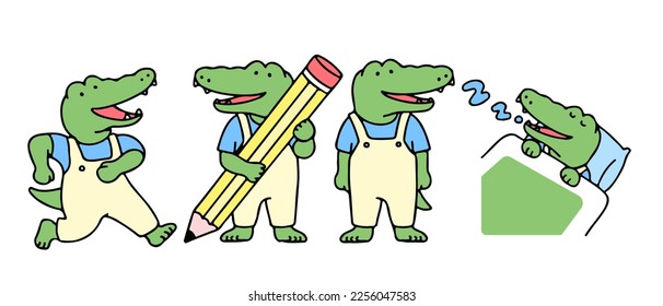Set of cute crocodile cartoon character, back to school concept. isolated on white background, vector illustration.