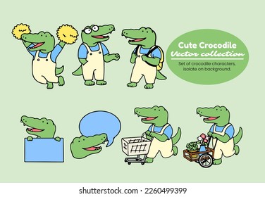 Set of cute crocodile cartoon character, back to school concept. isolated on white background, vector illustration.