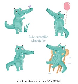 Set of cute crocodile character. Illustration with lovely animal emotions. Happiness, love, surprise, rest.