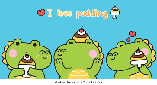 Set of cute crocodile with cherry pudding cake in various poses.Sweet and dessert.Reptile animal character cartoon.Image for card,sticker,baby clothing,print screen.Kawaii.Vector.Illustration.