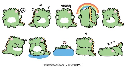 Set of cute crocodile doll in various poses and feeling.Emotional.Greeting,cry,thank you,dancing,rainbow.Reptile animal character cartoon design.Image for card,poster,baby product.Kawaii.Vector.