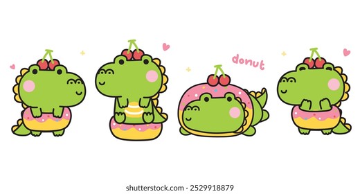 Conjunto de bonitos mascote de rosquinha de crocodilo com desenho animado de personagem de animal cherry.Reptile.Bakery e sobremesa sweet.Kawaii.Vetor.Illustration.