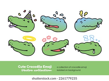 A set of cute crocodile emojis showing partying, scaring, feeling sick, and sleeping, isolated on a background vector illustration.