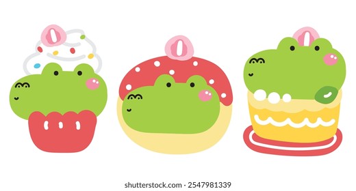 Set of cute crocodile face head in various menu bakery.Pastel.Cupcake,donut,cake,strawberry.Reptile animal character cartoon design.Kawaii.Vector.Illustration