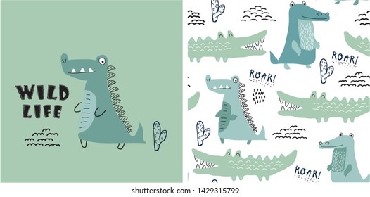 set of cute crocodile print and seamless pattern with crocodiles.vector illustration