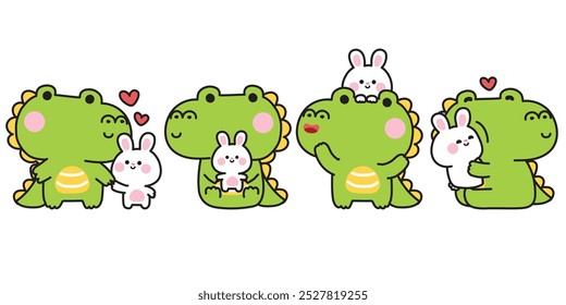 Conjunto de cocodrilo lindo con conejo en varias poses.Friendship.Love.Reptil y roedor animal.Character diseño de dibujos animados.Kawaii.Vector.Illustration.