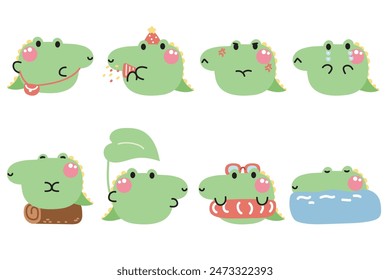 Conjunto de cocodrilo lindo de forma redonda pastel en varias poses y sensación en el fondo blanco.Reptile animal salvaje personaje de dibujos animados diseño colección.Kawaii.Vector.ilustración.