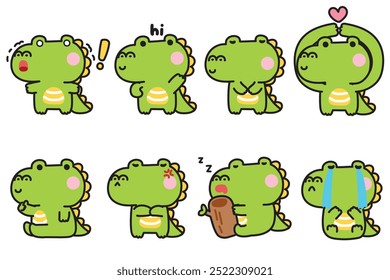 Conjunto de cocodrilo lindo en varias sensaciones y poses. Emocional. Diseño de dibujos animados de personajes animales reptiles. Imagen para tarjeta, pegatina, decorado, producto para bebés. Kawaii. Vector. Ilustración.