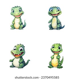 set of cute crocodile watercolor illustrations for printing on baby clothes, sticker, postcards, baby showers, games and books, safari jungle animals vector