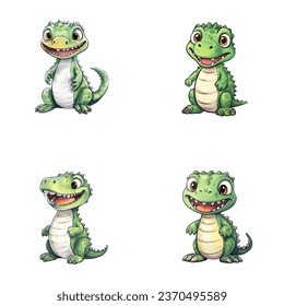 set of cute crocodile watercolor illustrations for printing on baby clothes, sticker, postcards, baby showers, games and books, safari jungle animals vector