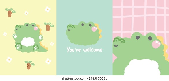 Set of cute crocodile.Flower.Leaf.Animal reptile cartoon character.Cover notes.Paper notes.Stationary.Image for card,sticker,decoration,baby clothing.Kawaii.Vector.Illustration.