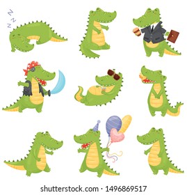 Set of cute crocodiles. Vector illustration on a white background.