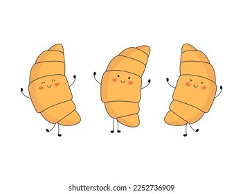 Set of cute croissant characters with face with different emotions, hands and legs. Funny, happy cartoon mascot. Vector flat illustration