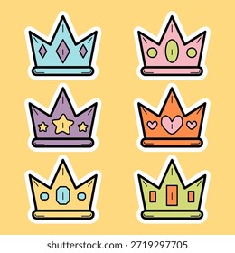 Set of cute crown accessory hand drawn colorful illustration sticker collections