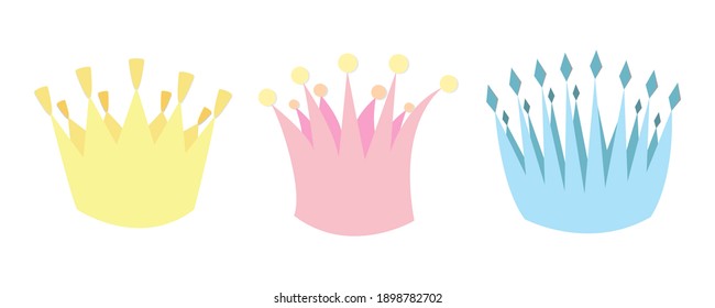 Set of cute crowns in three different colors yellow, pink and blue in flat style. Stock vector illustration isolated on white background. Can be used as a sticker, as a separate element for decoration