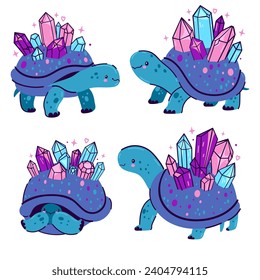 Un conjunto de bonitas tortugas cristalinas se aíslan sobre un fondo blanco. Gráficos vectoriales.