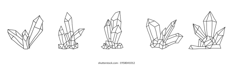 Set cute crystals isolated on a white background. Hand drawn vector illustration in Doodle style. Collection of black and white mystical crystals for your design.