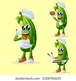 Set of cute cucumber character in the kitchen. Perfect for kids, merchandise and sticker, banner promotion or blog
