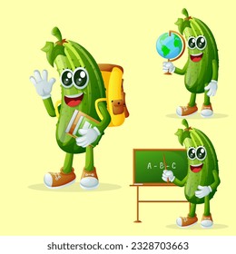 Conjunto de personajes lindos de pepino en la educación. Perfecto para niños, mercadería y pegatinas, promoción de banners o blog
