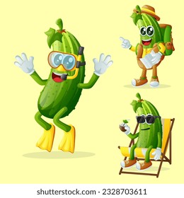 Set of cute cucumber characters on vacation. Perfect for kids, merchandise and sticker, banner promotion or blog
