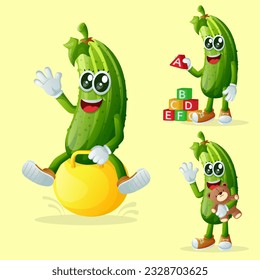 Set of cute cucumber characters playing with kid toys. Perfect for kids, merchandise and sticker, banner promotion or blog
