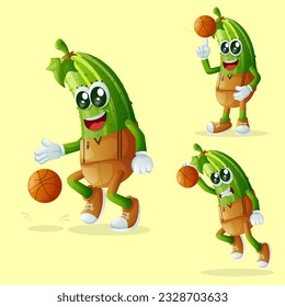 Juego de personajes adorables del pepino jugando al baloncesto. Perfecto para niños, mercadería y pegatinas, promoción de banners o blog
