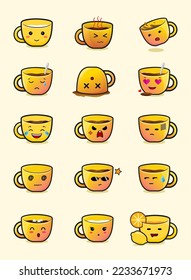 Set of cute cup illustrations with various expressions
