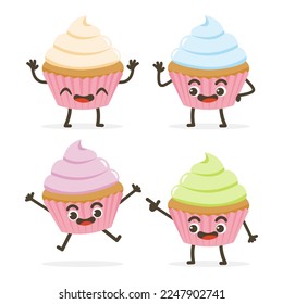 Set of Cute Cupcake Cartoon Food Characters isolated on white.