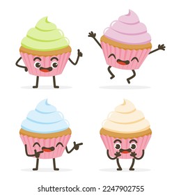 Set of Cute Cupcake Cartoon Food Characters isolated on white.