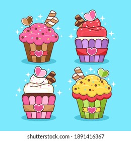 Set of cute cupcake cartoon illustration flat design vectorv