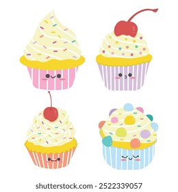 Set of cute cupcake. Collection of kawaii sweet dessert characters. Suitable for flat design graphic illustration, clip art, stickers, etc