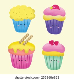 Set of cute cupcake. Collection of kawaii sweet dessert characters. Suitable for flat design graphic illustration, clip art, stickers, etc