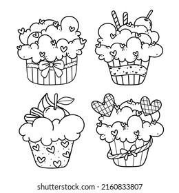 A set of cute cupcake with cream, hearts, cherry. Kawaii coloring page. Black and white illustration for kids coloring book.