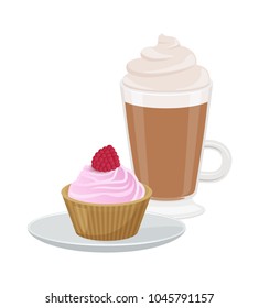 Set of cute cupcake and latte, vector illustration of cake with pink cream and one raspberry on it, big cup of coffee isolated on white background
