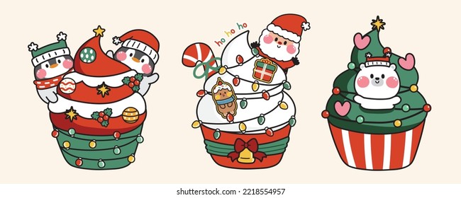 Set of cute cupcake in merry christmas decorate concept.Dessert and sweet hand drawn.Animal character design collection.Image for card,poster,sticker.Vector.Illustration.