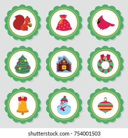 Set of cute cupcake toppers for christmas party with chrismas tree, snowman, cardinal bird, squirrel ets. Vector illustration.