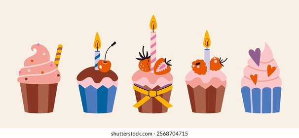 Set with cute cupcakes and Birthdays celebration burning candles. Trendy modern vector illustration isolated on background, hand drawn, flat design