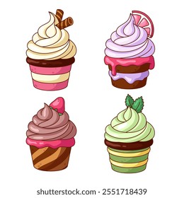 Set of cute cupcakes, cartoon style desserts. Vector illustration, drawings