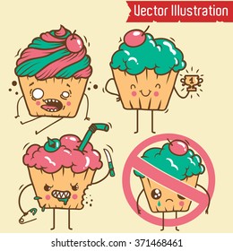 Set of cute cupcakes characters.. Vector illustration.