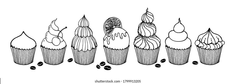 Set of cute cupcakes with different  decor cream. Hand drawn vector decorative elements for bakery, cafe, sweet shop, pastry shop, confectionery, packaging, wrapper, menu, signboard, labels, emblems.